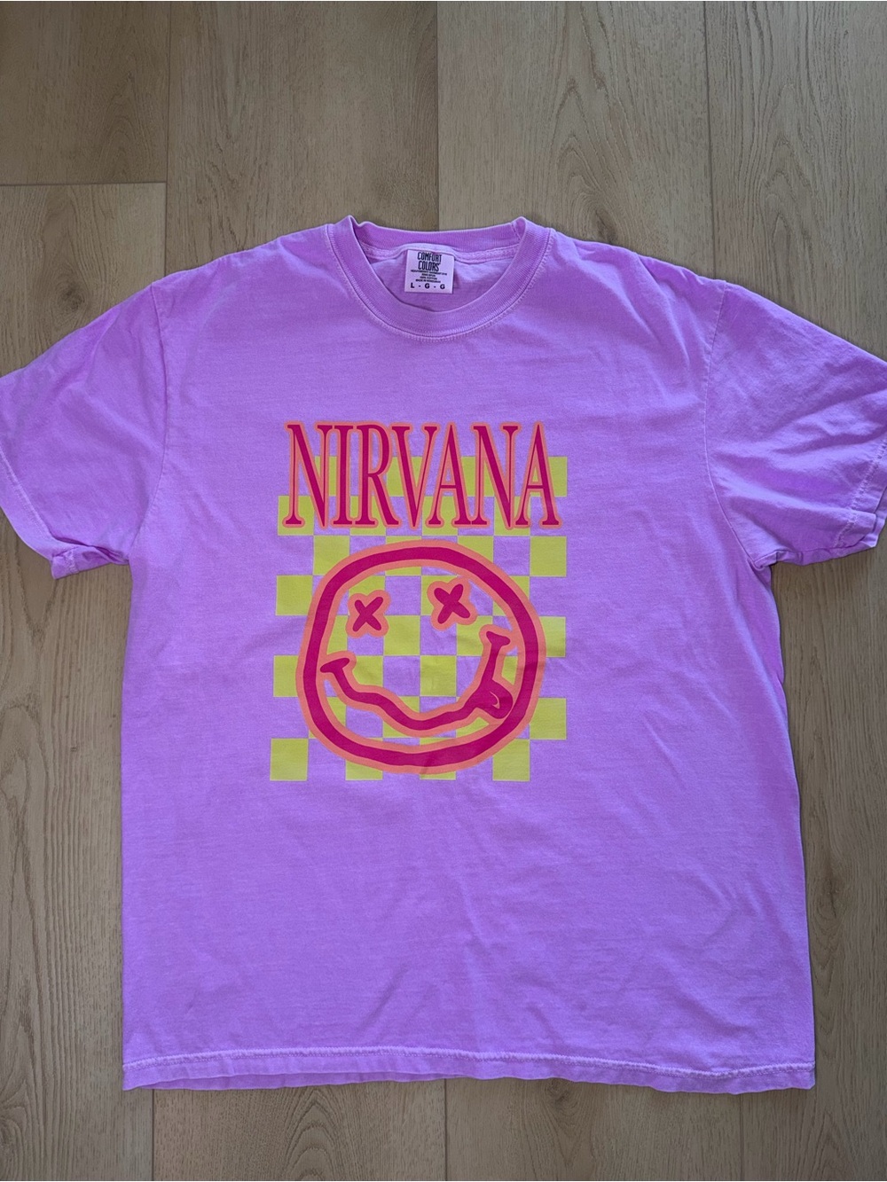 NIRVANA Neon Purple Smiley Checkered Tee Size L